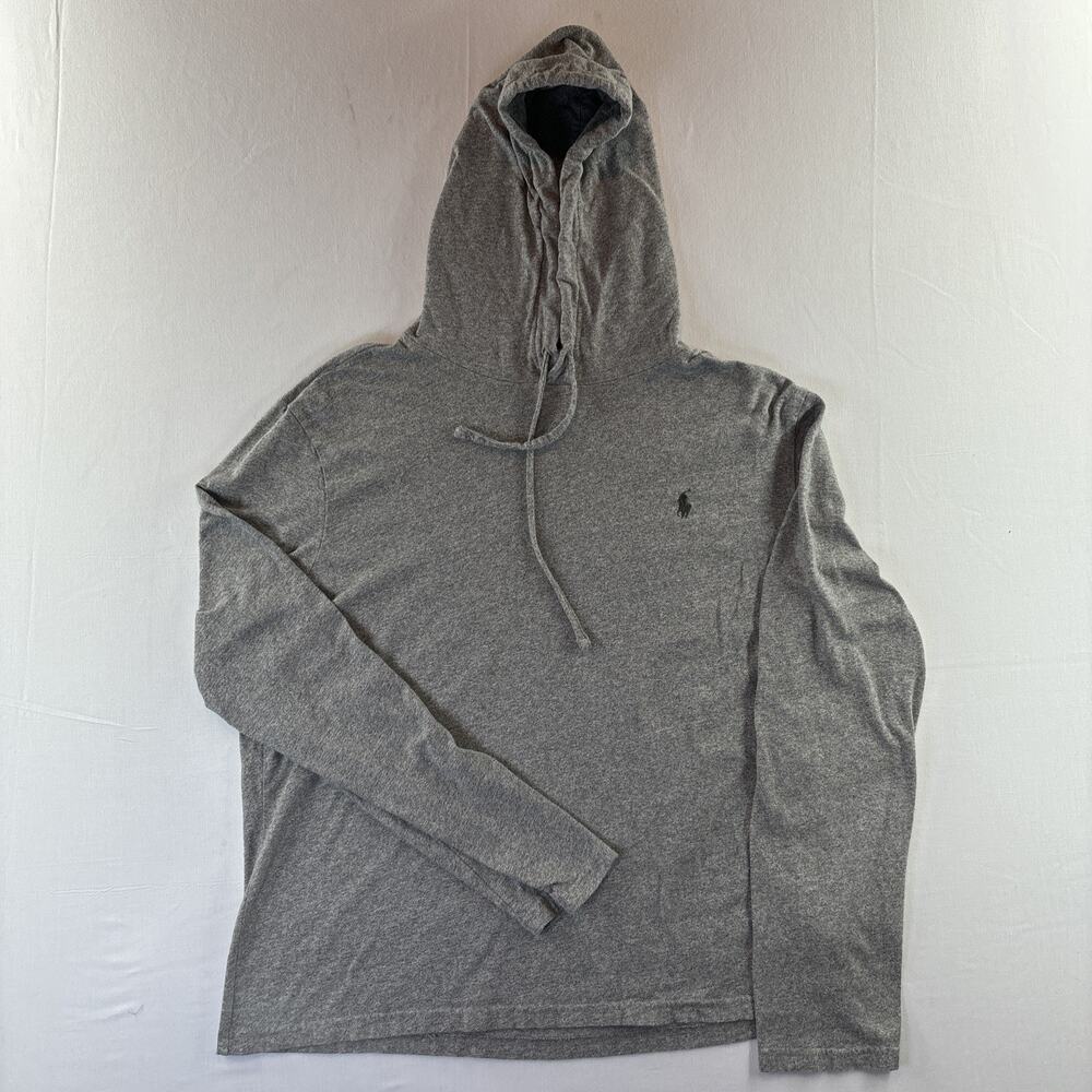 Polo Ralph Lauren Men's Gray Hooded Long Sleeve T-Shirt Size Medium Hoodie Y2K